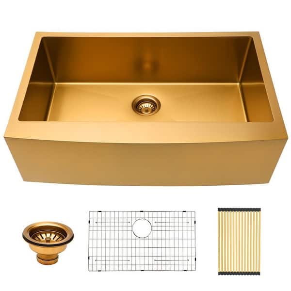 slide 2 of 11, Lordear 30/33/36 Inch Stainless Steel Sink Farmhouse Apron Front Deep Single Bowl Gold Kitchen Sink with Accessories Gold - 33 in.W x 21 in.D x 10 in.H