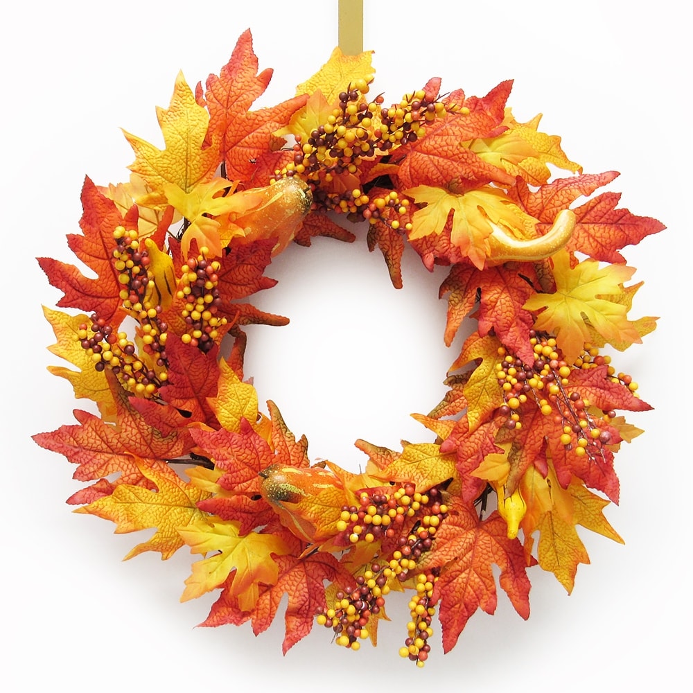Gcroet Fall Wreath for Front Door,Artificial Fall Wreath,Christmas Wreath with Pumpkin Maple Leaves and Red Berry,Autumn Simulation Wreath Rattan Artificial Door Wreath for Halloween Home Decor 