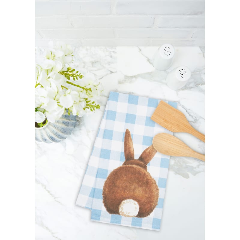 Checkered Blue Easter Bunny Rabbit w/ Tail Cotton Kitchen Dishtowel