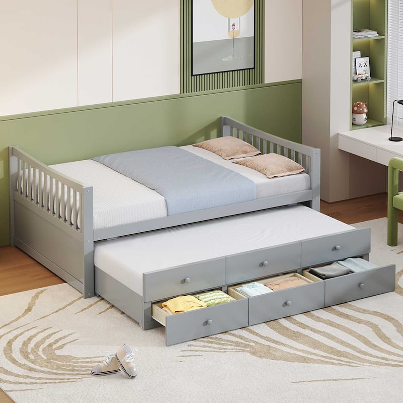 Full Daybed with Twin Trundle & 3-Drawer Storage by Harper&Bright Designs - Grey
