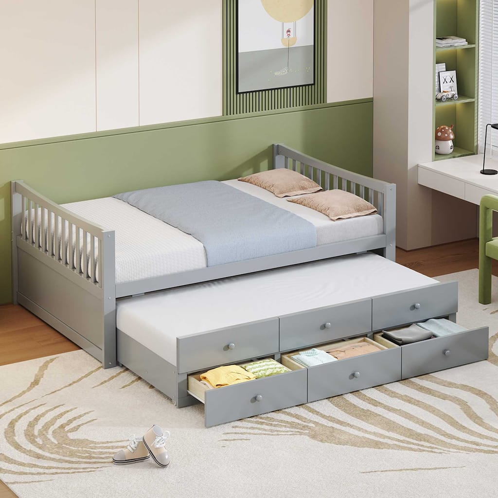 Roomfitters Full Size Daybed with Twin Trundle and Storage Drawers, Space-Saving Wooden Bed Frame