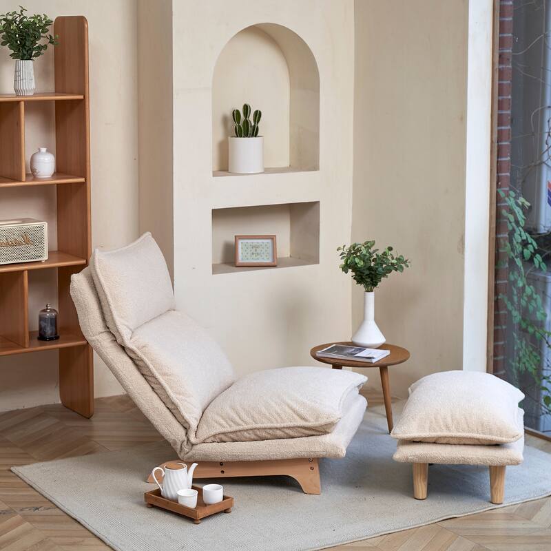 Beige Upholstered Armless Manual Lazy Recliner Set with Ottoman, Adjustable Headrest and Backrest, 180° Flat Lay