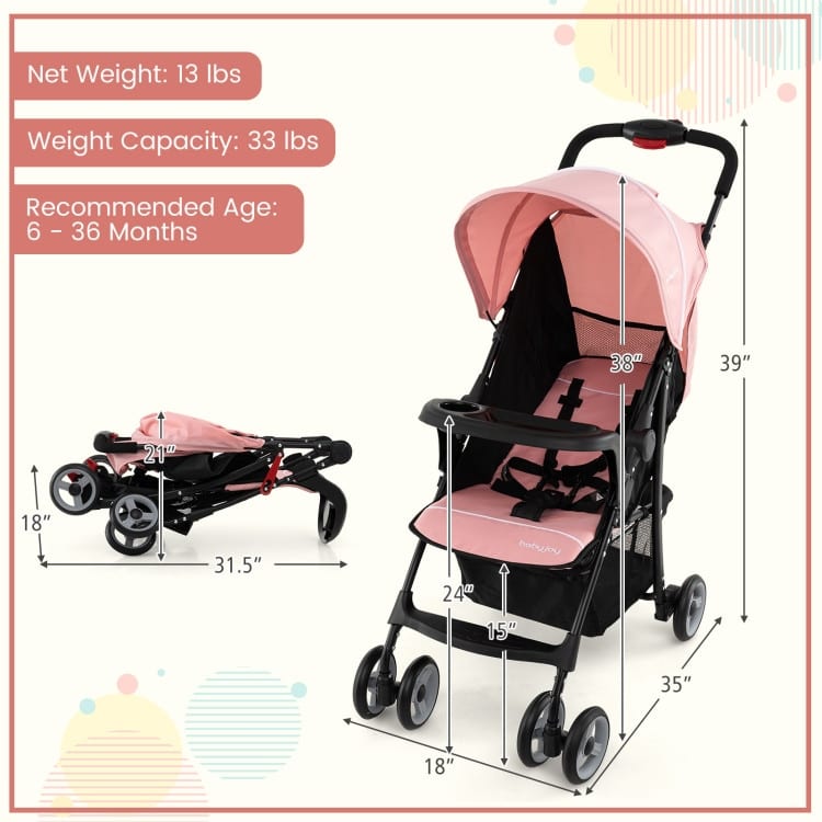 Steel Kids Stroller with Recline, Canopy and All-Terrain Wheels - 35"(L) x 18"(W) x 39"(H)