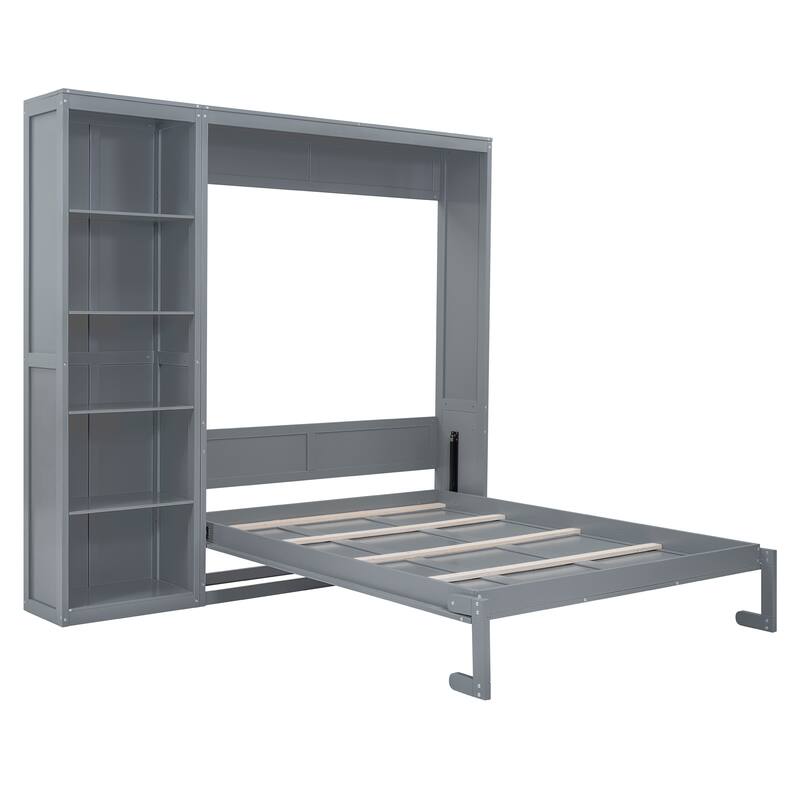 Space Saving Murphy Bed Wall Bed with 5 Layer Storage Shelves, Wood Foldable Platform Bed Frame, No Box Spring Needed
