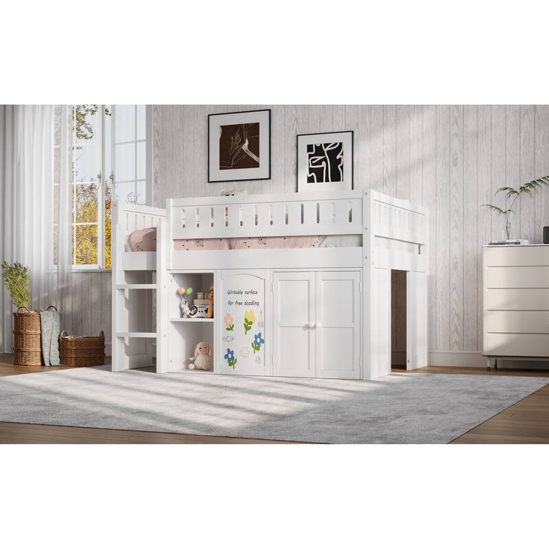 Roomfitters Full Size Loft Bed with Storage Cabinet, Open Shelves and Chalkboard Panel