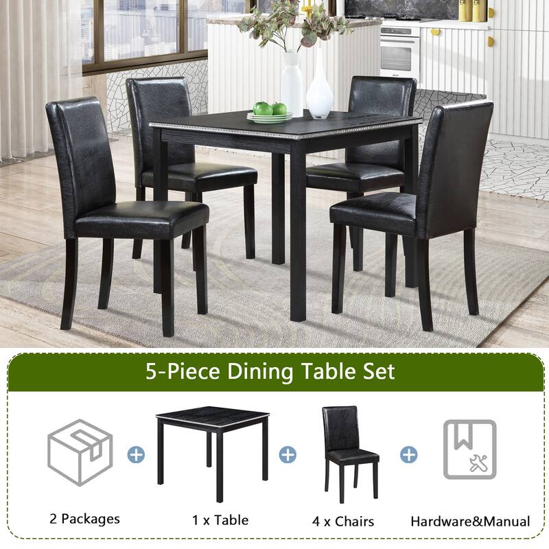 Farmhouse 5 Piece Crystal Decoration Dining Table Set, Solid Wood Kitchen Table Set with Square Table and 4 Upholstered Chairs