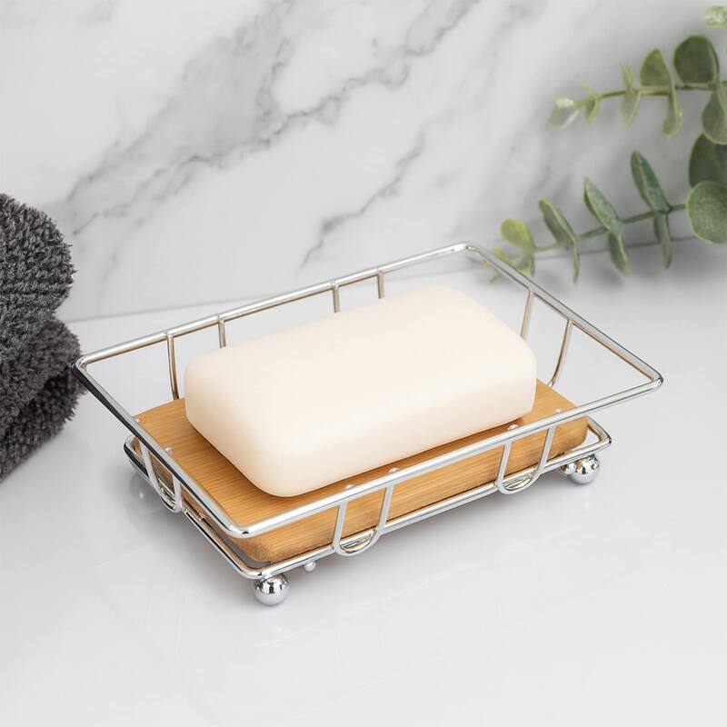 Bathroom Soap Dish Bamboo Tray Metal Wire - 4.14" L x 3.4" W x 1.4" H - Chrome / Bamboo