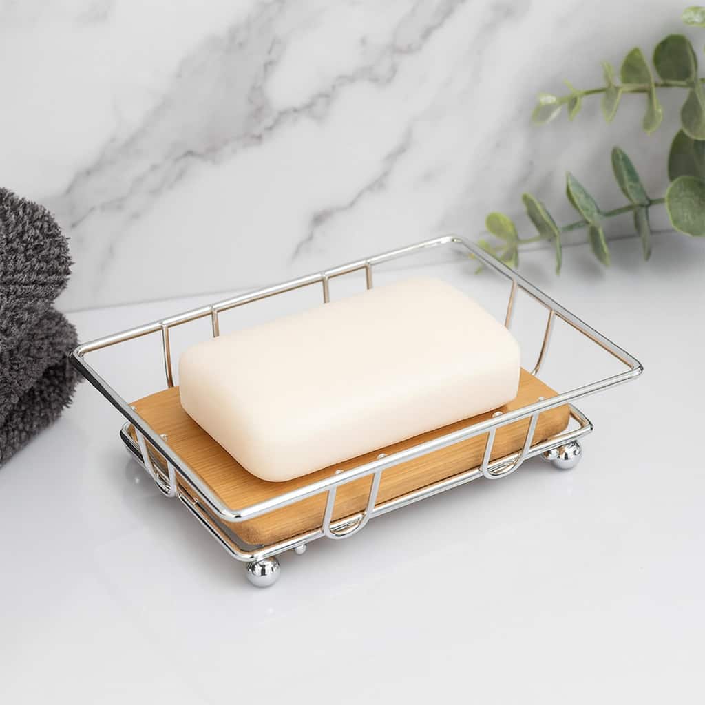 Bathroom Soap Dish Bamboo Tray Metal Wire - 4.14" L x 3.4" W x 1.4" H