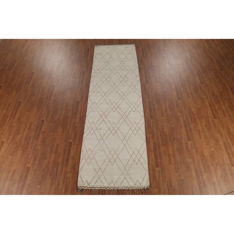 Ivory Striped Moroccan Oriental Runner Rug Handmade Wool Carpet - 3'11"x 13'0"