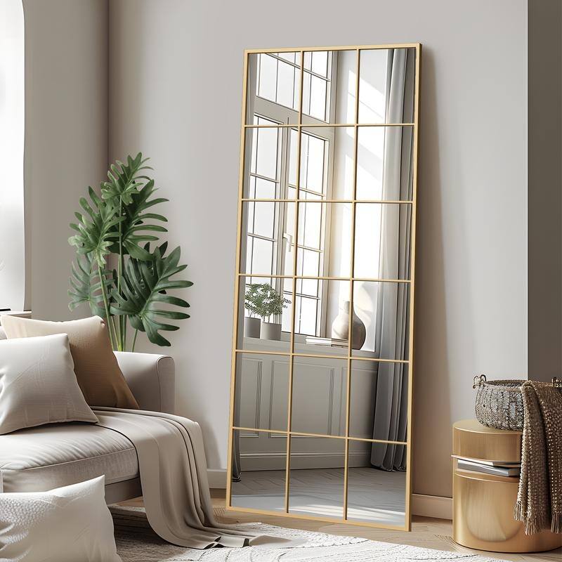 Wrought Iron Grid Full Length Arch Rectangle Frame Window Mirror Freestanding - 69"x30" - Gold