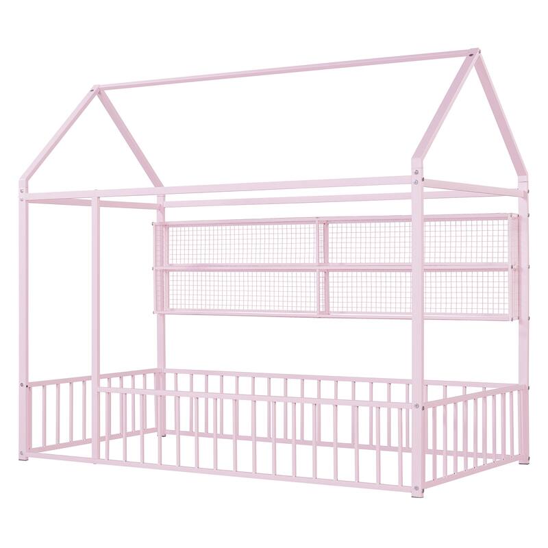 Full Size Metal House Bed Frame with Built-In Grid Shelves, Playful Canopy Design and Space-Saving Storage