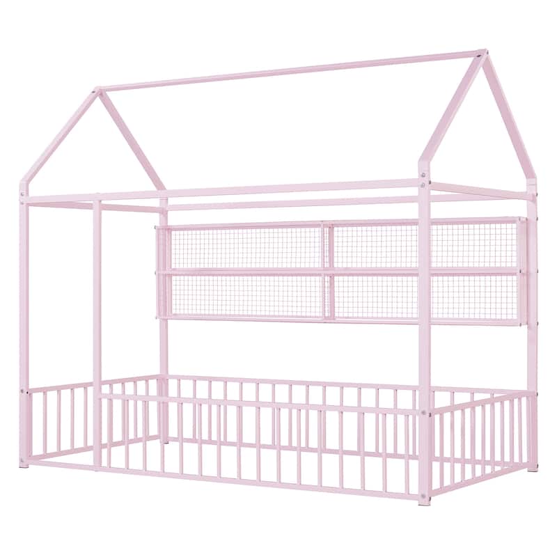 Twin Metal House Bed Frame with Storage Shelves & Fence