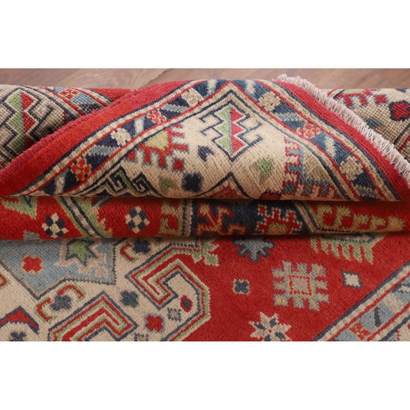 Geometric Kazak Accent Rug Handmade Wool Carpet - 4'2" x 5'9"