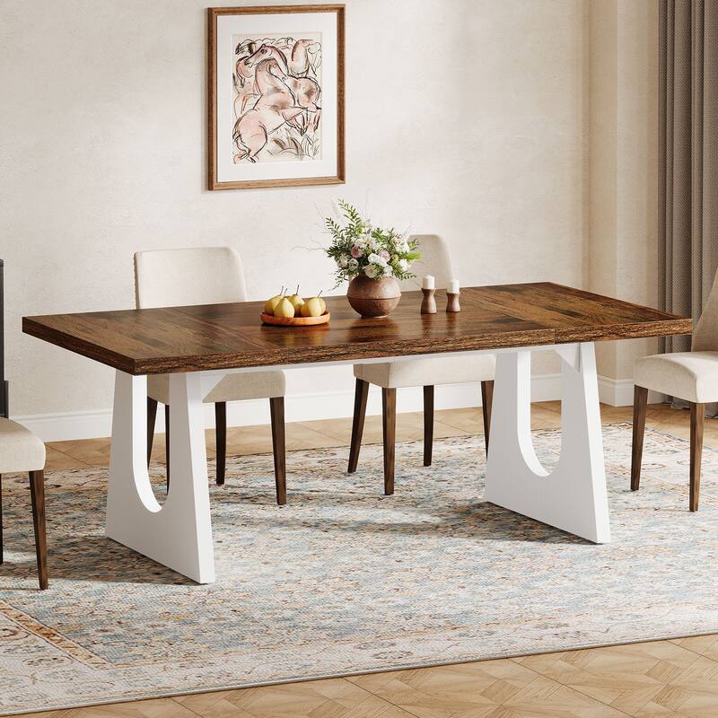 Oak Large Dining Table Wood Rectangular Kitchen Table for Dining Room - Brown & White