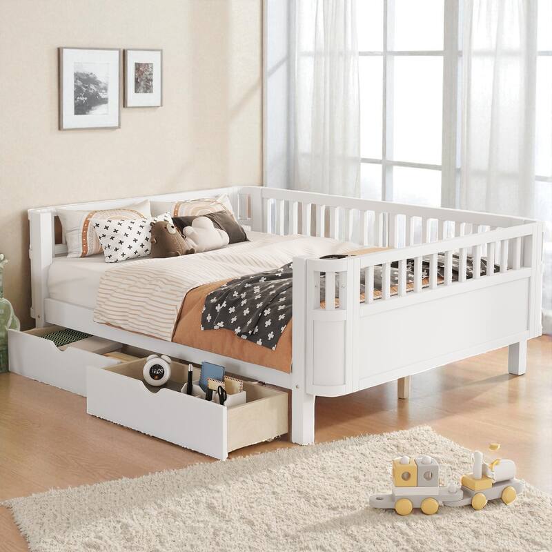 Twin/Full Size Wooden Platform Bed with Safety Rails and 2 Storage Drawers, Low Profile Kids Bed Frame