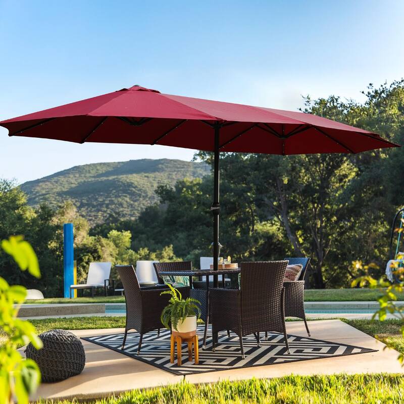 Large Double Sided Rectangular Outdoor Double Terrace Market Umbrella with Lights and Base - Red