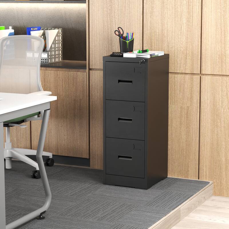 3 Drawer Metal Vertical File Cabinet with Lock and Card Slot File Cabinet for A4 Legal/Letter Size Narrow File Cabinet Locked