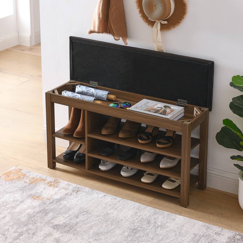 Height-Adjustable Rubberwood Shoe Bench with Storage - Vintage Style Entryway Organizer