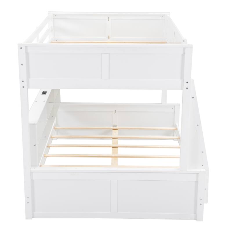 Wood Full XL over Queen Bunk Bed with Shelves, Storage Cabinets, USB Ports, Bunk Bed Frame w/Slats Support, No Box Spring Needed