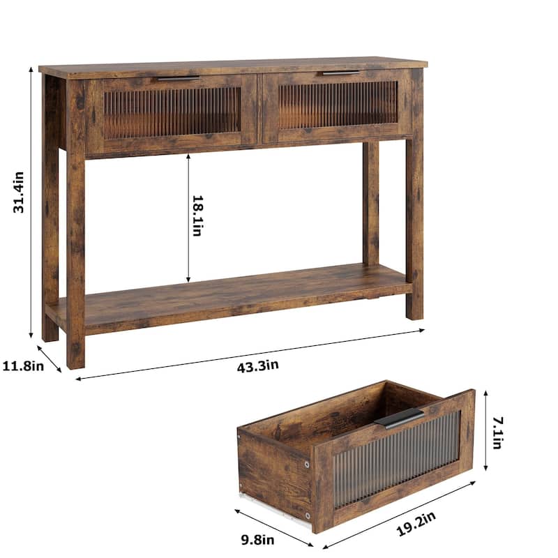 Farmhouse Console Table with 2 Glass Drawers & Shelf