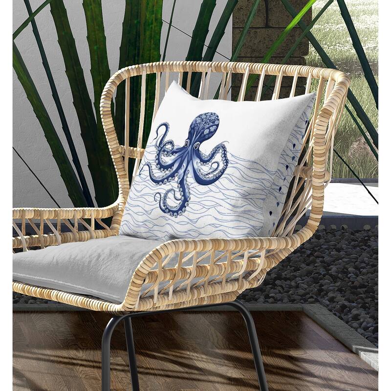 Oceanic Octo Art Indoor/Outdoor Reversible Throw Pillow White and Blue