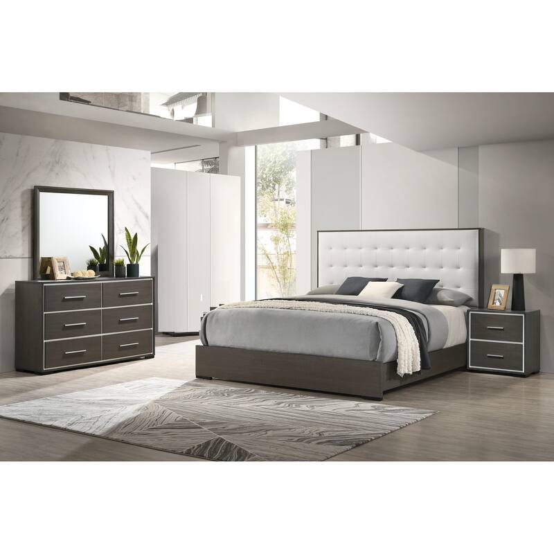 1pc Contemporary Upholstered Queen Size Panel Bed Button Tufted Headboard Wooden Bedroom Furniture White Cream Gray