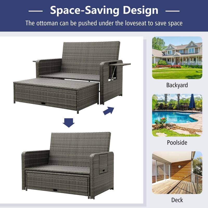 Gymax Rattan Daybed Wicker Loveseat Sofa Set w/ Ottoman & Retractable