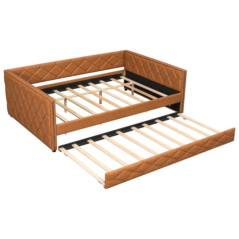 Full XL Size Upholstered Daybed with Trundle Bed and LED Armrests, Rhombic Blocks Frame Sofa Bed, U-shape Bed Frame