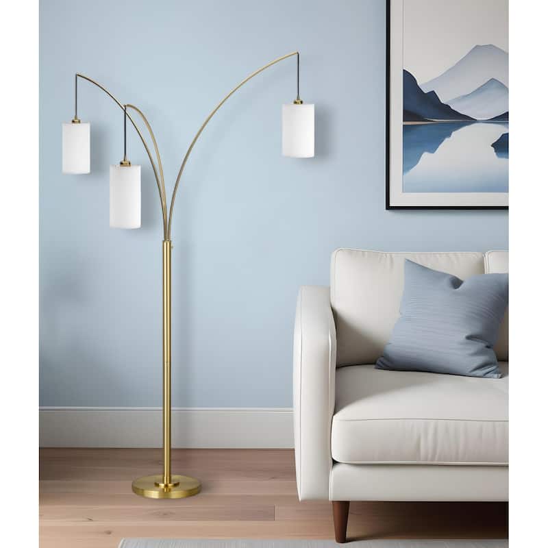 HomeRoots 83" Brass Three Light Tree Floor Lamp With White Frosted Glass Drum Shade - 83" Tall - 83" Tall - Gold/White
