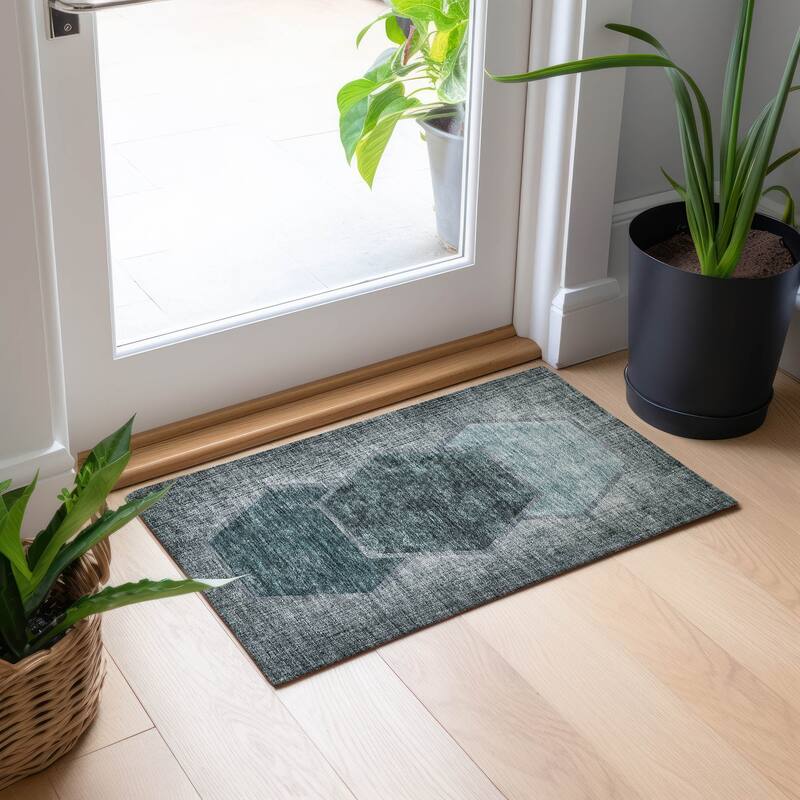 Machine Washable Indoor/ Outdoor Chantille Modern Boho Rug - Teal - 1'8" x 2'6"