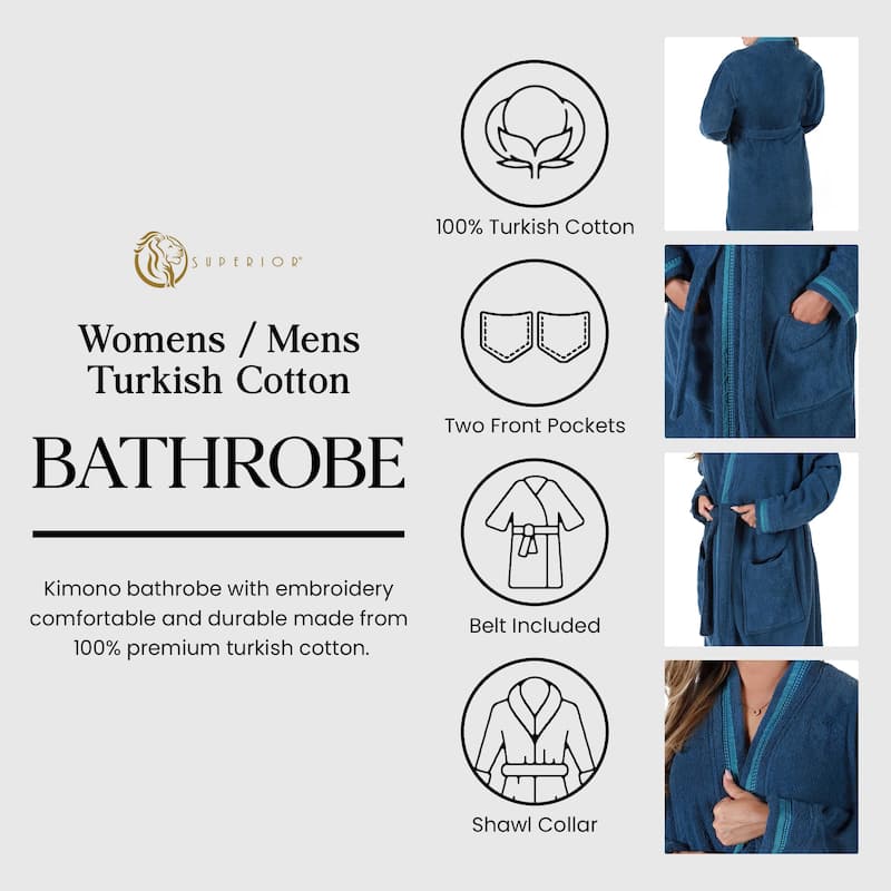 Superior Unisex Turkish Cotton Terry Kimono Bathrobe with Embroidery Robe