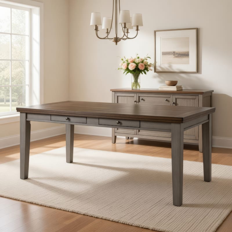 Trea 78 Inch Dining Table, 6 Drawers, Plank Top, 6 Seater, Gray, Brown