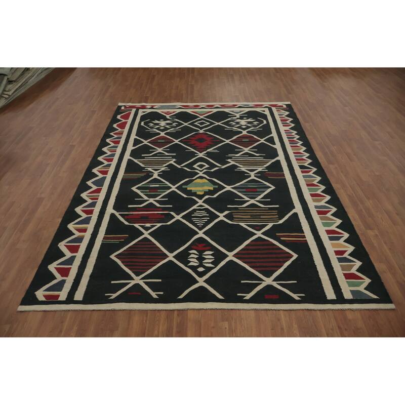 Hand Woven Oriental 100% Wool Carpet Southwestern Tribal Black Kilim Area Rug - 11' 2'' X 8' 0''