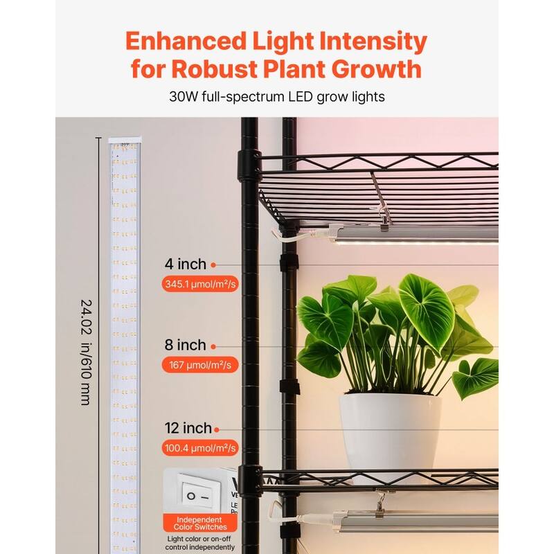 Black Metal 6-Tier Indoor Plant Stand with 5 3-Color LED Grow Lights and Timer - 29.53 x 13.78 x 70.87 in