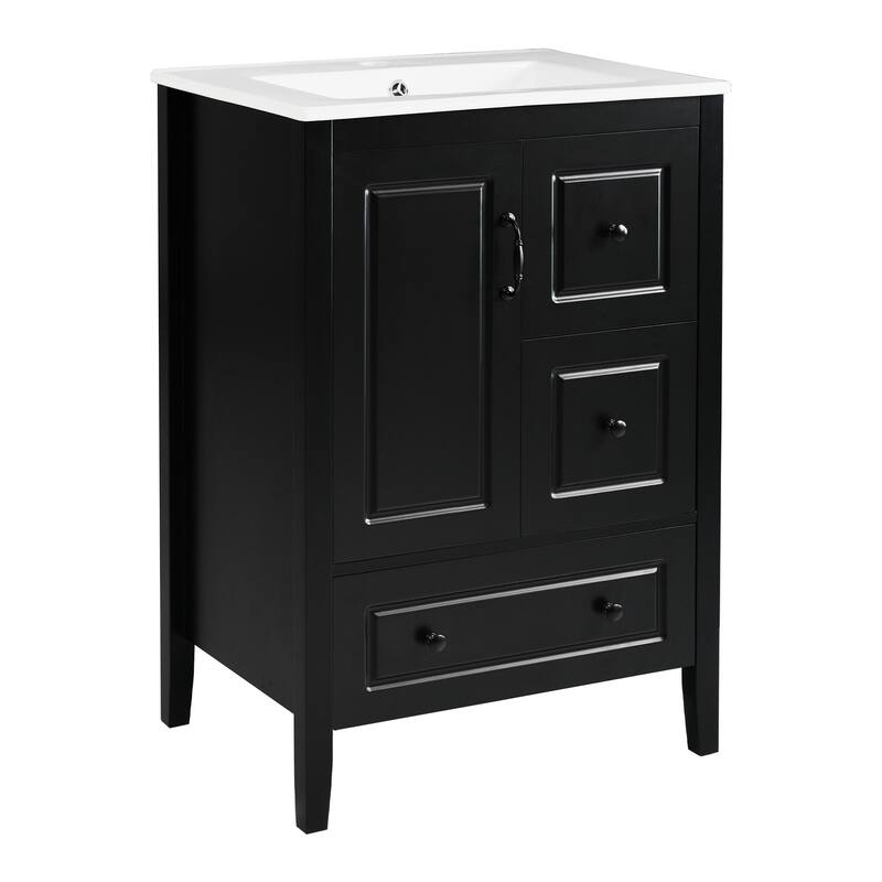 24 inch Bathroom Vanity with Sink, One Cabinet with Soft-closing Door, 3 Soft-closing Drawers, Retro Metal Handles