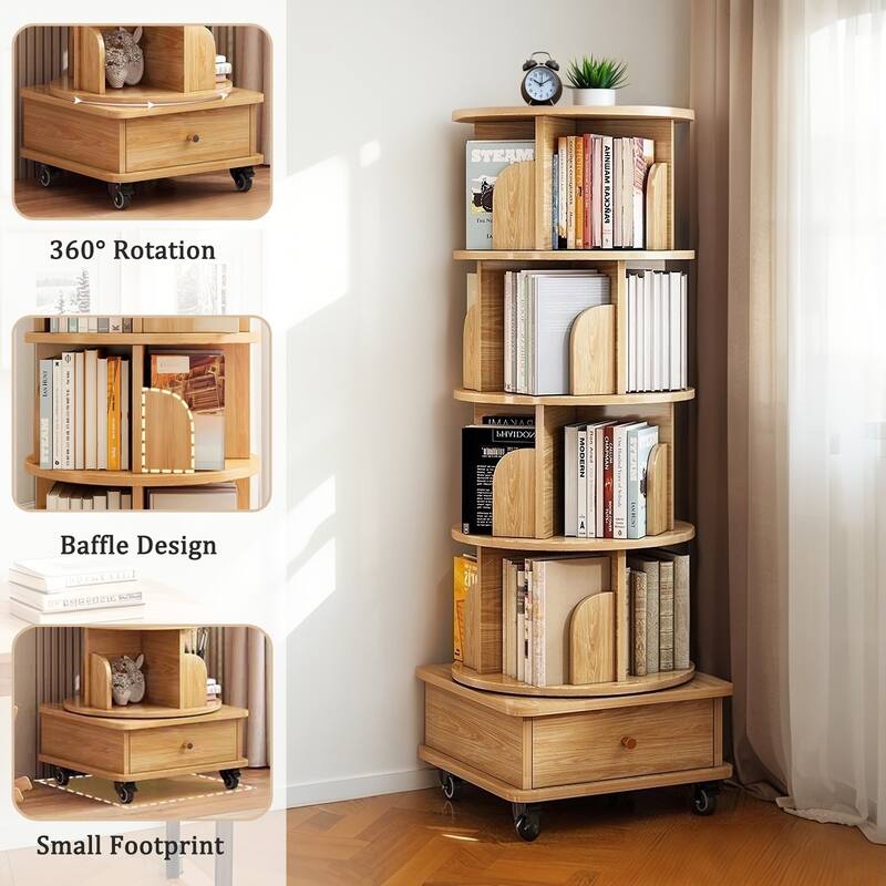 360 Degree Rotating Bookshelf Corner Storage Shelf with Drawer for Living Room Bedroom Office