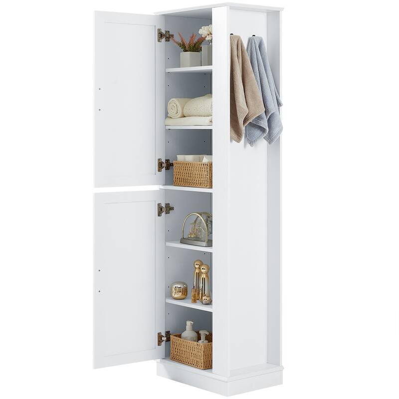 GDFStudio - Arden Tall Freestanding Bathroom Storage Cabinet with Hooks and Adjustable Shelves