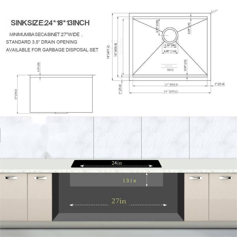 24'' Undermount 16 Gauge Single Bowl Stainless Steel Kitchen Sink in Brushed Nickel - 24'' x 18'' x 13''