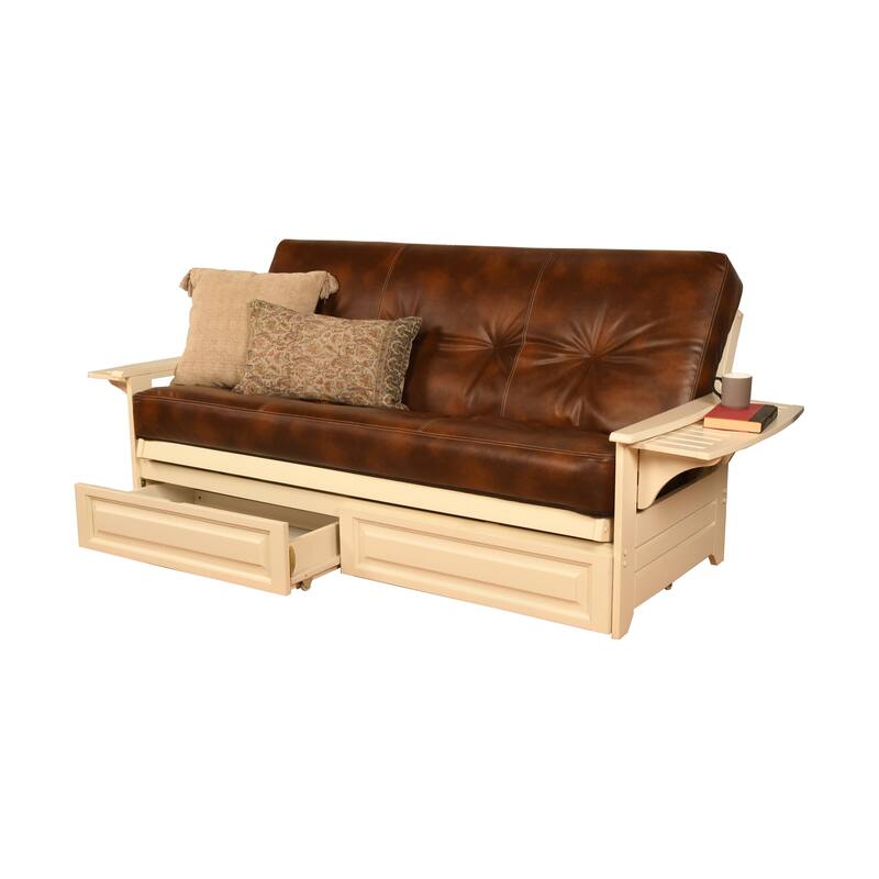 Somette Phoenix Futon Set in Antique White Wood with Innerspring Mattress and Storage Drawers