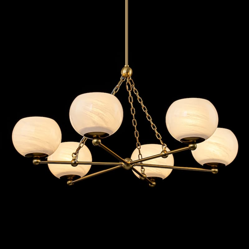 6-Light Brushed Gold Branch Chandelier with Cloud-Pattern Glass Shades - Dia.35.43-in