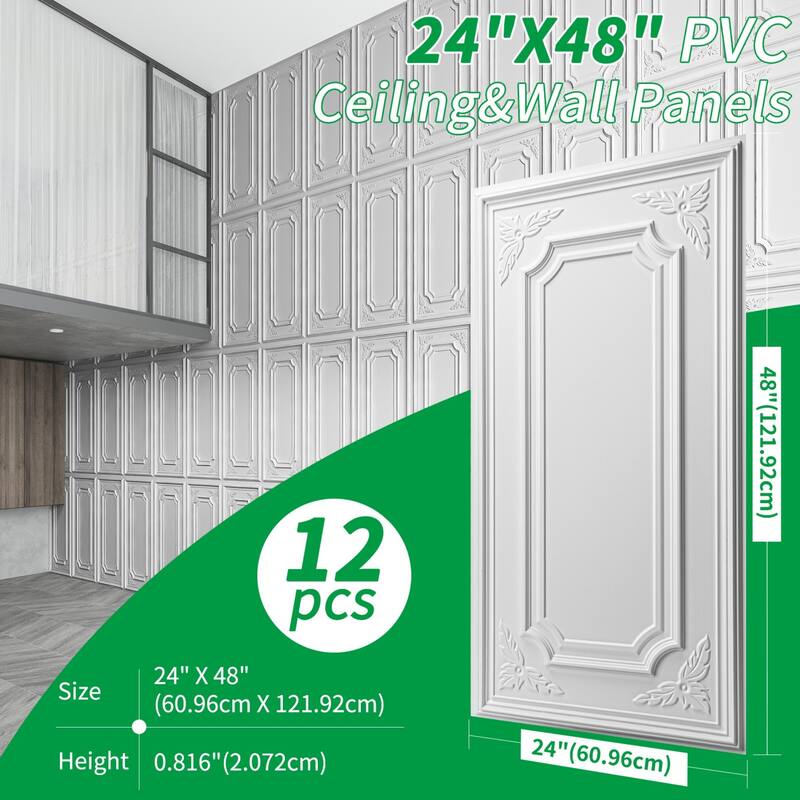 Art3d 12-Pack 24"x48" PVC 3D Wall Panel & Drop Ceiling Tiles, Cover 96 Sq.Ft. - White