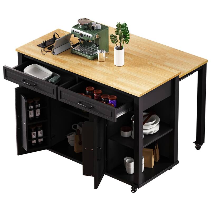 Kitchen Island with Extendable Dining Table,Rubber Wood Veneer Kitchen Table with Internal Storage Rack,Power Outlet - N/A - Black