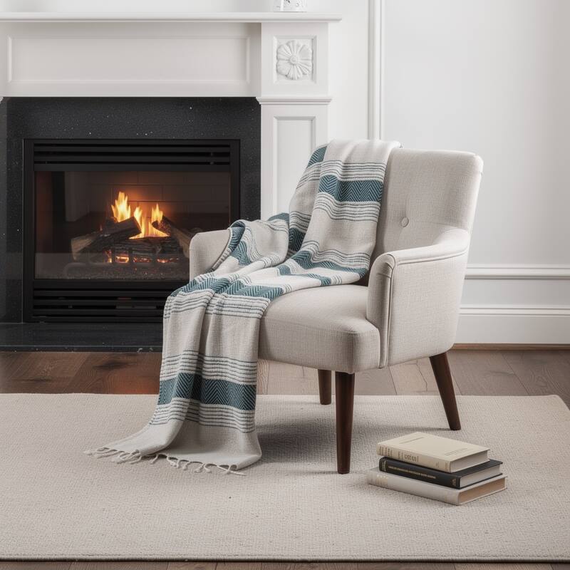 HomeRoots 50" X 60" Teal And Blue Cotton Woven Striped Throw Blanket with Fringe - Throw - Blue/Teal