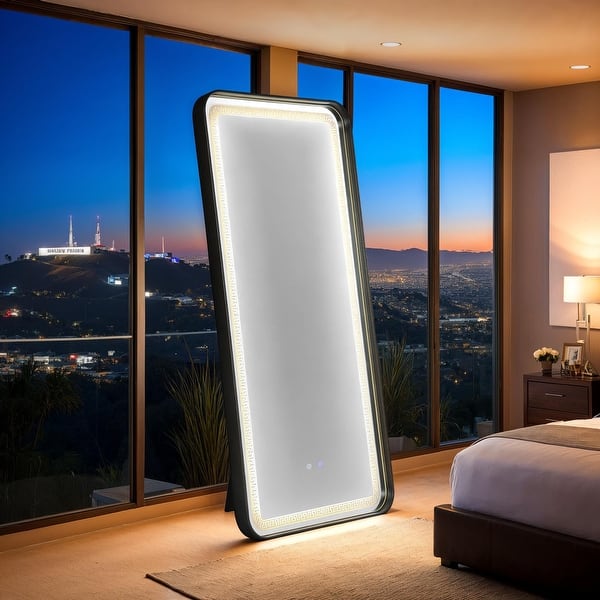 slide 2 of 21, Furniture of America Inez Glam 71-inch Full Length Mirror with LED and Bluetooth Speaker Black