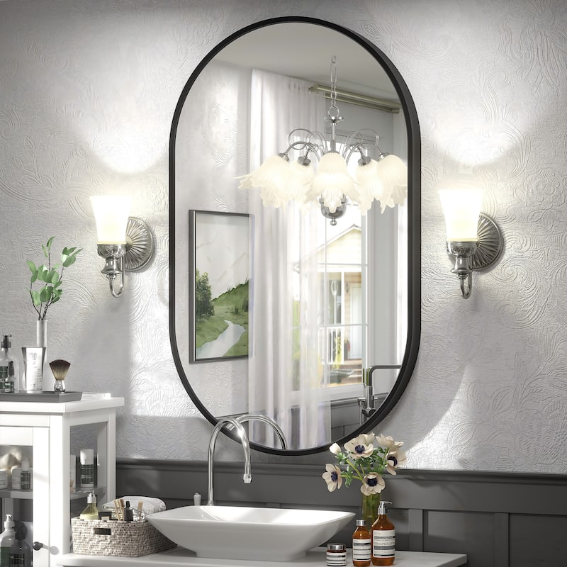 KIOTEE Oval Black Aluminum Alloy Framed French Cleat Mounted Wall Decor Bathroom Vanity Mirror with 5-Year Warranty - 24x40