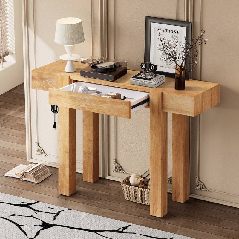 Modern 47.2" Wooden Console Table with Hidden Drawer and Side Power Outlet for Entryway or Living Room