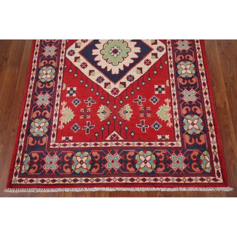 Geometric Red Kazak Oriental Foyer Rug Hand-Knotted Wool Carpet - 3'3" x 4'9"