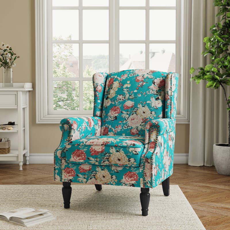 Traditional Floral Patterned Wingback Armchair with Nailhead Trim - Peacock Blue