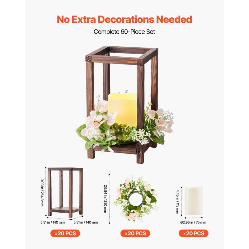 Wooden Wedding Lantern Set with LED Candles and Eucalyptus Wreath Rustic Cedar Table