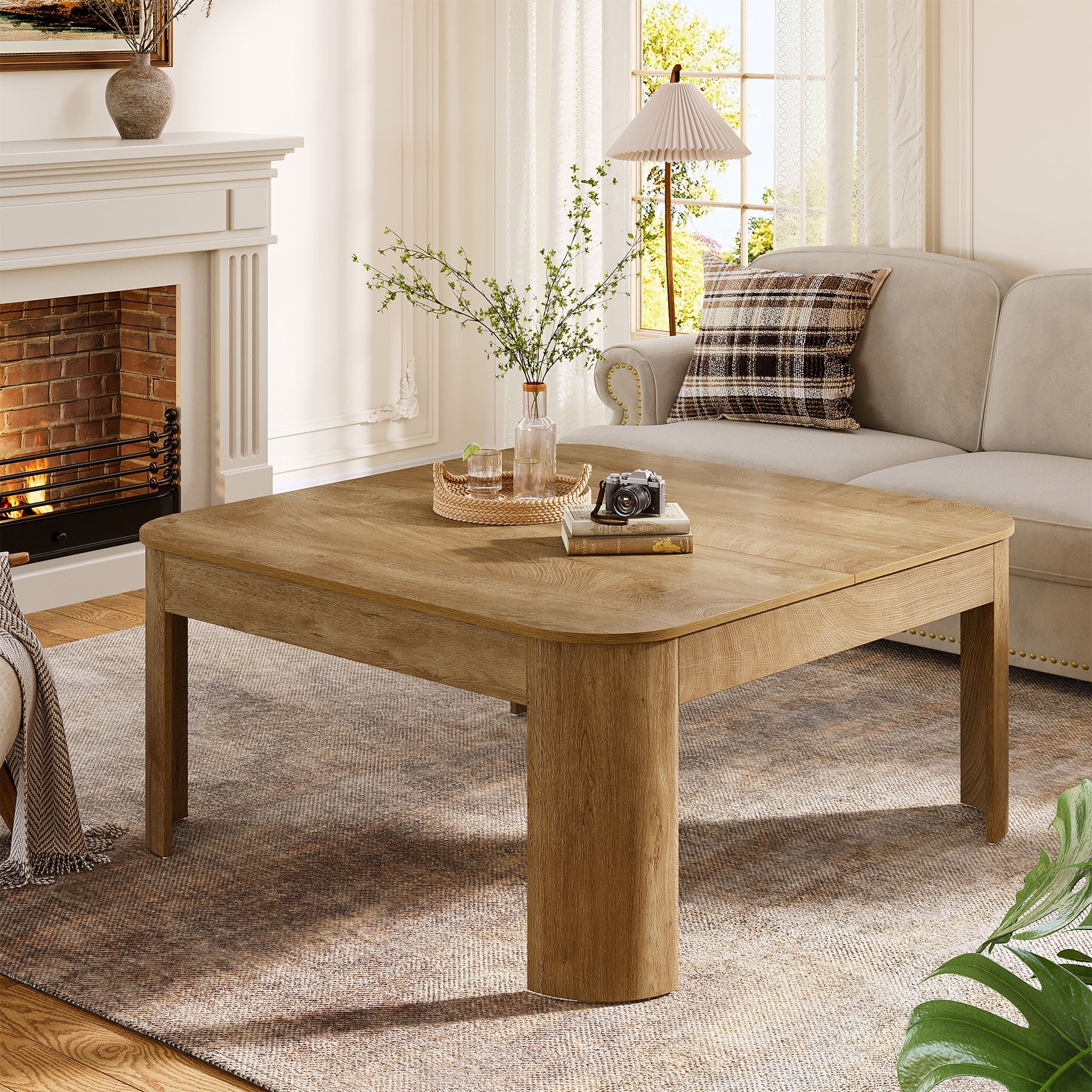 Farmhouse Square Coffee Table, 39.37" Wooden Center Tea Table with Sturdy Curved Legs for Living Room